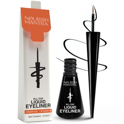 Nourish Mantra&#39;s All-Day Liquid Eyeliner 3ml | Formulated with Argan Oil, Vitamin E &amp; Glycerine | Intense Pigmentation | Smudge Proof | Waterproof | Long Lasting | Matte Finish | Black Color