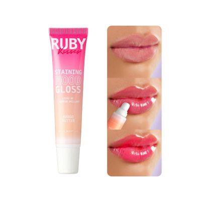Ruby Kisses Staining Mood Lip Gloss, Mango Butter Infused for Hydration, PH-Activated Hue Change, Lightweight Feel, Non-Sticky Shine for Long Lasting Fuller &amp; Smoother Lips (1pc)