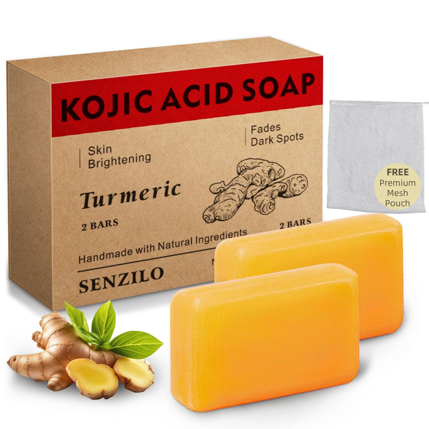 Senzilo Kojic Acid Soap, Turmeric Soap for Dark Spots with Collagen, Vitamin E, Retinol, Hyaluronic Acid, Shea Butter, Orginal Kojic Acid Soap for Dark Spot Remover - 2 Bars