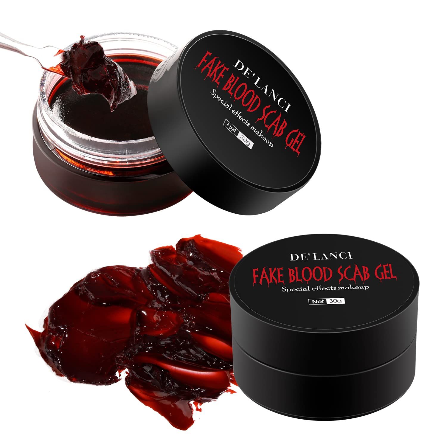 DE&#39;LANCI Fake Blood Scab, 2 Pcs Coagulated Blood Gel Washable, Realistic Scar Blood Halloween SFX Makeup on the FaceBody, Prefect Zombie Vampire Monster Cosplay Stage Blood Clothes - 60g (2.12 oz)