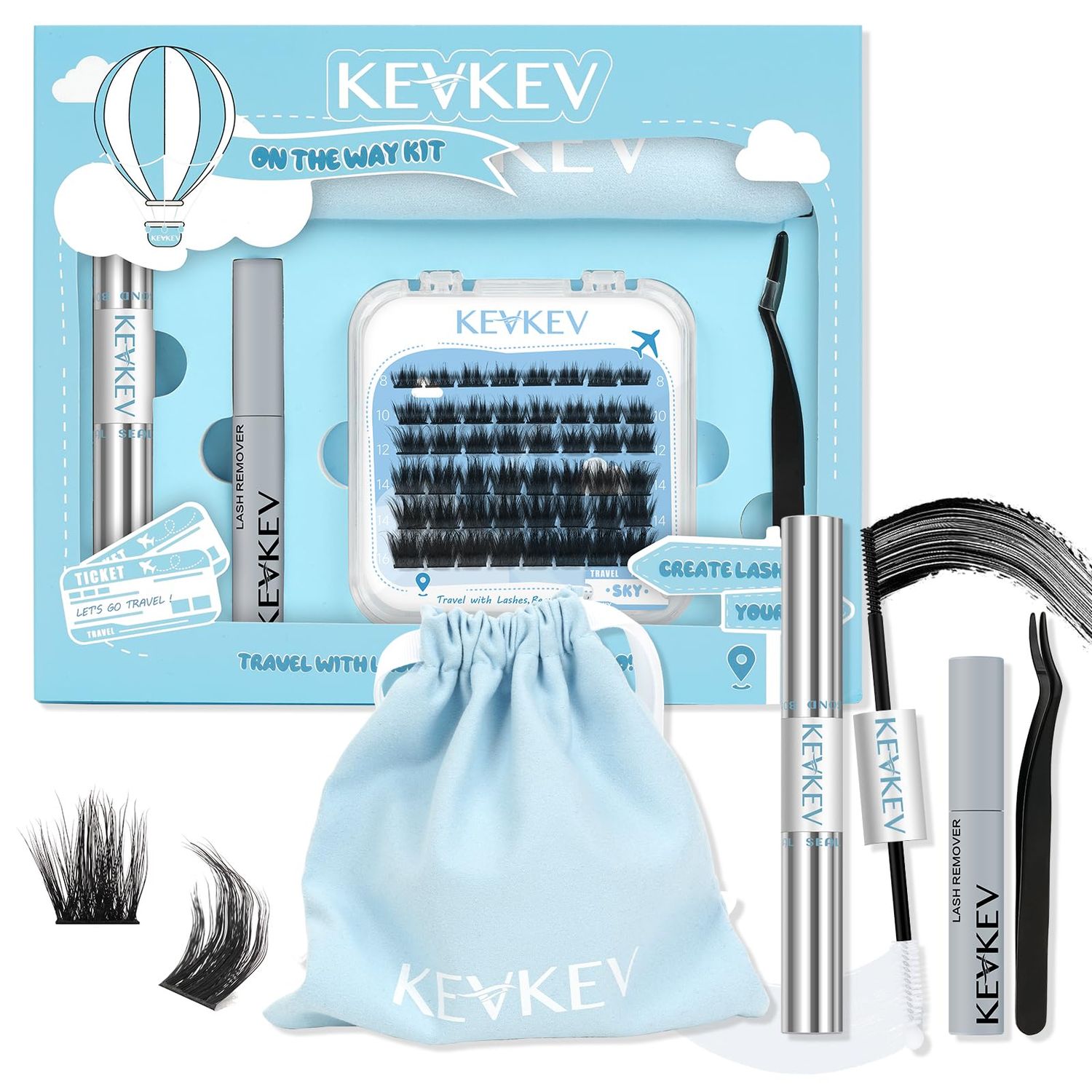 KevKev Lash Extension Kit for Travel, Portable Eyelash Extension Kit, Lash Clusters Kit 40Pcs Eyelash Clusters with Lash Bond and Seal Remover Tweezers Organizer Bag (Sky, D-8-16mix Travel Kit)