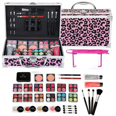 Anpro All-In-One Makeup Carry Case with Pro Teen Makeup Set, Full Starter Cosmetics Kit with Makeup Brushes, Lipsticks, Eye Shadows Palette, Blushes, Glitter Gel-Pink Leopard