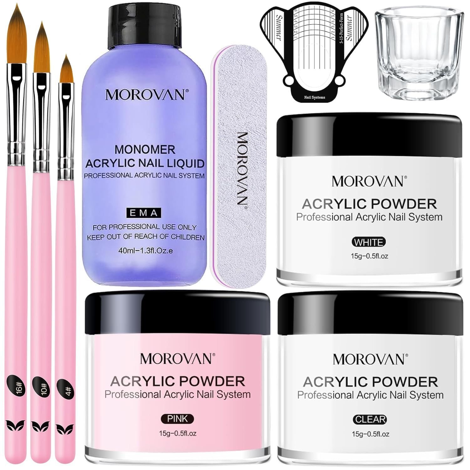 Morovan Acrylic Nail Kit Clear Pink White Acrylic Powder and Professional Liquid set for Acrylic Nails Extension for Beginner DIY at Home with Acrylic Nail Brush