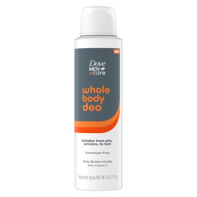 Dove MenCare Whole Body Deo Aluminum-Free Deodorant Spray Shea Butter  Cedar Suitable from Pits, Privates, to Feet with Vitamin E 4 oz