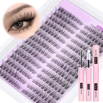 PHKERATA Wispy Lash Extension Kit Natural Lash Clusters Kit C Curl DIY Eyelash Extensions Kit 252 pcs Individual Lashes Clusters Wispy Eyelash Clusters with Lash Bond and Seal at Home Cat Eye Cluster