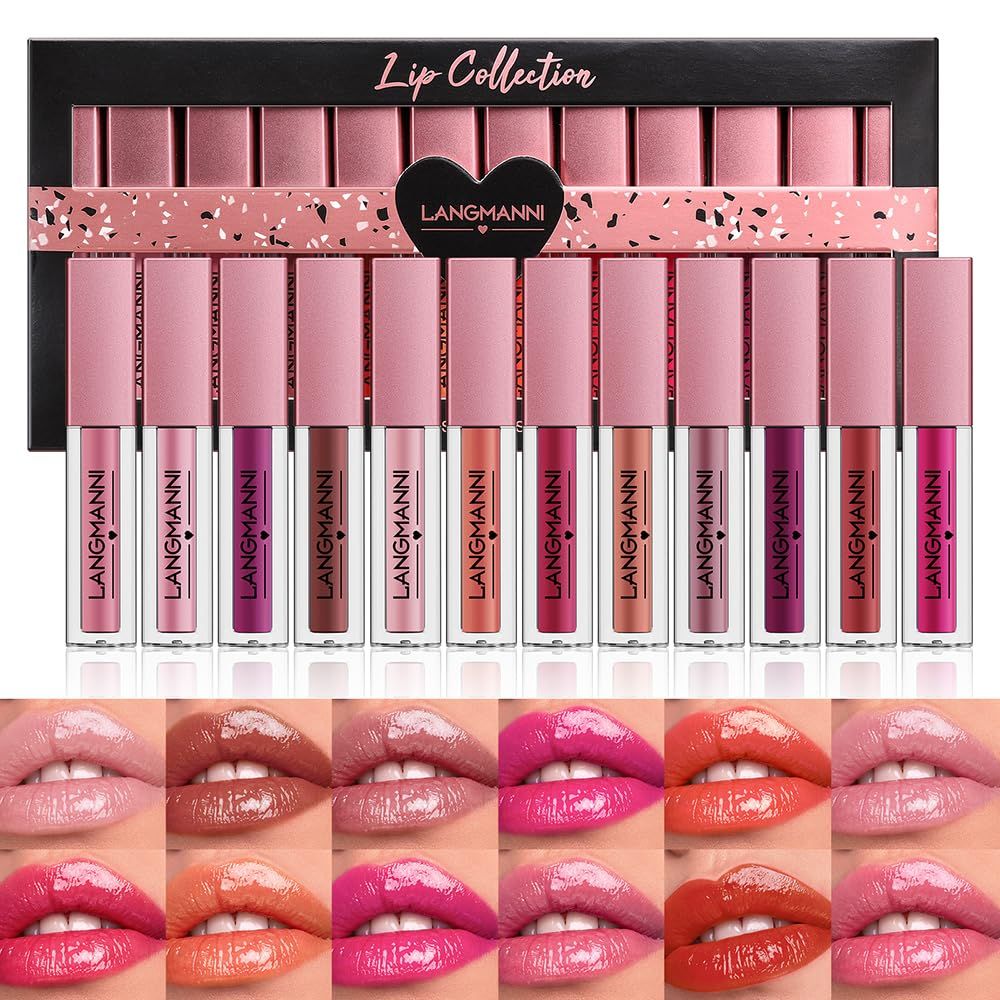 Dulele 12Pcs Watery Liquid Lipstick Set, Moisturizing &amp; Highly Pigmented Colored Lip Gloss, Longwear Not Fade Rose Lip Tint Stain with Gift Box