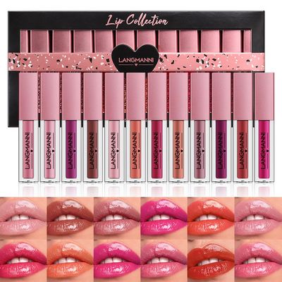 Dulele 12Pcs Watery Liquid Lipstick Set, Moisturizing &amp; Highly Pigmented Colored Lip Gloss, Longwear Not Fade Rose Lip Tint Stain with Gift Box