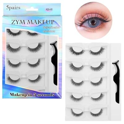 10 Pcs Self Adhesive Eyelashes, Reusable Self Adhesive False Eyelashes, Waterproof Natural Look, No Glue Wispy Eyelashes with Tweezers, Press On Eyelashes Adhesive Lashes for Beginners #01