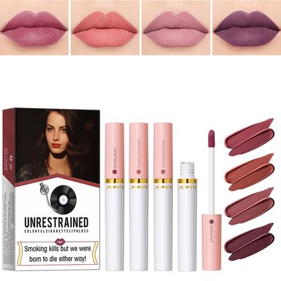 BEUKING 4 PCS Cigarette Case Lipstick Set Nude Matte Little Tube Lip Gloss Fashion Style Long Lasting Not Fade High Pigment Velvety Waterproof Non-stick Cup Portable Lip Tint For Women Lip Makeup (#B)