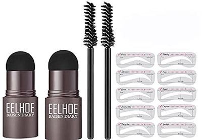 Set Of 2 Eyebrow Stamp Stencil Kit - 10PCS One Step Eyebrow Shaping Kit, 2 Brushes, Professional Brow Powder Waterproof Long-Lasting Professional Makeup (Medium Brown &amp; Dark Brown
