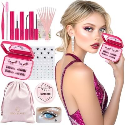 Lash Clusters Kit with Self Adhesive Pearl Stickers Natural Lash Clusters Left Right Lash Extension Kit with Bond Seal Eyelash Kit Gift Set with Drawstring Bag Portable Starter Kit Birthday Gift Women