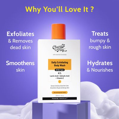 Chemist at Play Body Wash Exfoliating For Dry Rough Bumpy Strawberry Skin With 1% Salicylic Acid 2% Lactic Acid And Ceramides For Men And Women (7.9 Ounce)