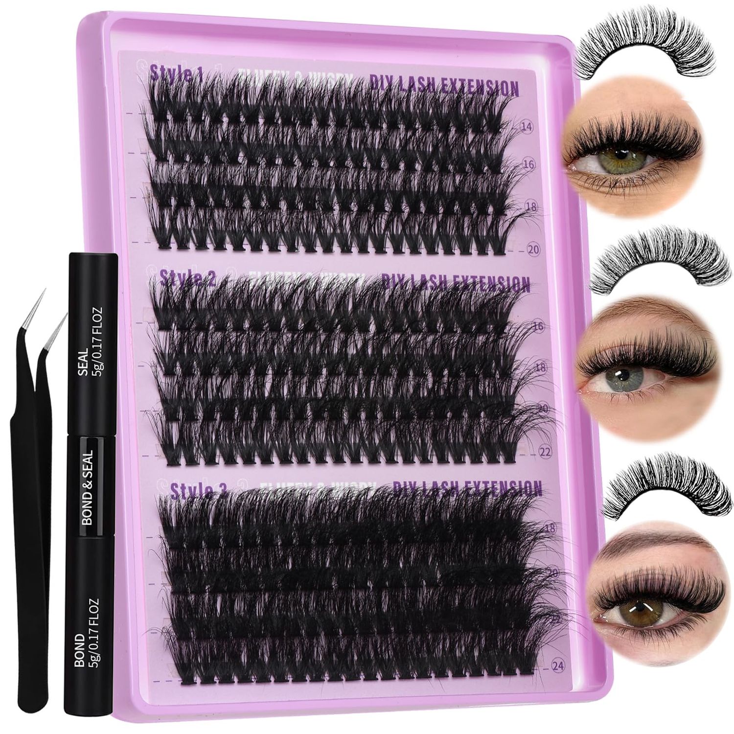 Lash Extension Kit Wispy Lash Clusters Kit 40D50D60D Fluffy Lash Clusters Kit 14-24mm Eyelash Extension Kit 3 Styles Eyelash Clusters with Bond and Seal Lash Glue and Tweezers by FOINEMYED