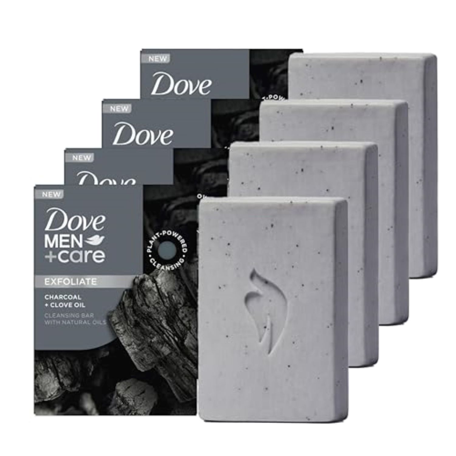 DOVE MEN  CARE Cleansing Bar Soap Charcoal  Clove Oil 4 Count to Rebuild Skin in the Shower, a 4in1 Hair, Body, Face &amp; Shaving Bar with Plant-Based Cleanser and Natural Oils 5 oz