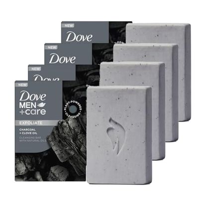 DOVE MEN  CARE Cleansing Bar Soap Charcoal  Clove Oil 4 Count to Rebuild Skin in the Shower, a 4in1 Hair, Body, Face &amp; Shaving Bar with Plant-Based Cleanser and Natural Oils 5 oz