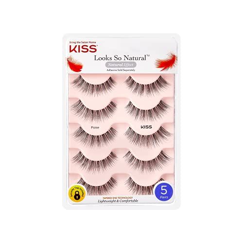 KISS Looks So Natural False Eyelashes Multipack, Lightweight &amp; Comfortable, Tapered End Technology, Reusable, Cruelty-Free, Contact Lens Friendly, Style &#39;Poise&#39;, 5 Pairs Fake Eyelashes