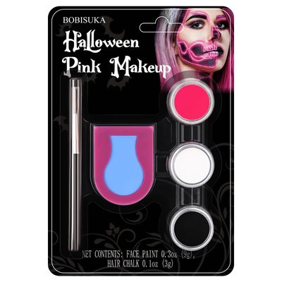 Halloween Makeup Kit with Tri-Color Face Paint, Pink Hair Chalk &amp; Brush, Black White Neon Pink Body Painting Cream for Special Effects Theater SFX Costume Cosplay Skeleton Skull Character Makeup