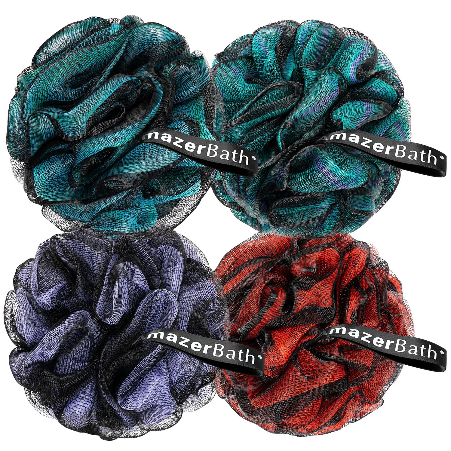 AmazerBath Charcoal Loofah Sponge, Shower Loofah 60gPCS - Body Scrubber Loofa Set of 4 - Charcoal Blue, Green, Purple &amp; Red, Bath Sponge for Men and Women