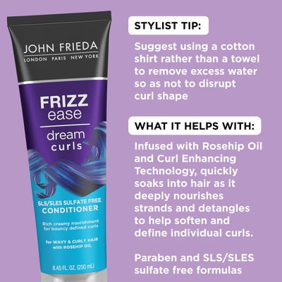 John Frieda Frizz Ease Dream Curls Conditioner, Hydrates and Defines Curly, Wavy Hair, Helps Control Frizz, SLSSLES Sulfate Free, Enhances Natural Curls, 8.45 Fluid Ounces