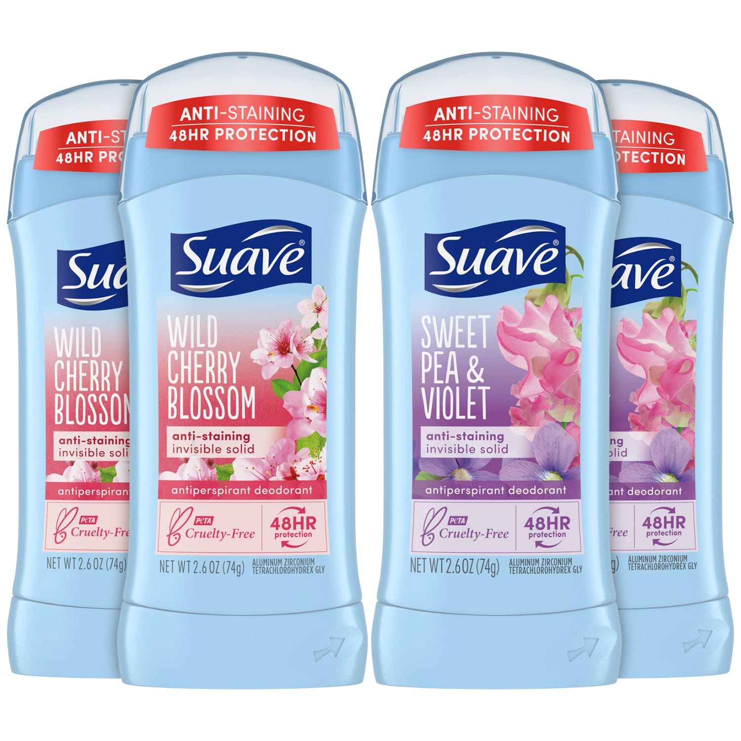 Suave Deodorant Antiperspirant for Women, Variety Pack - Sweet Pea &amp; Violet  Wild Cherry Blossom, 48H Protection, Anti-Staining, 2.6 Oz Ea (4 Piece Set)