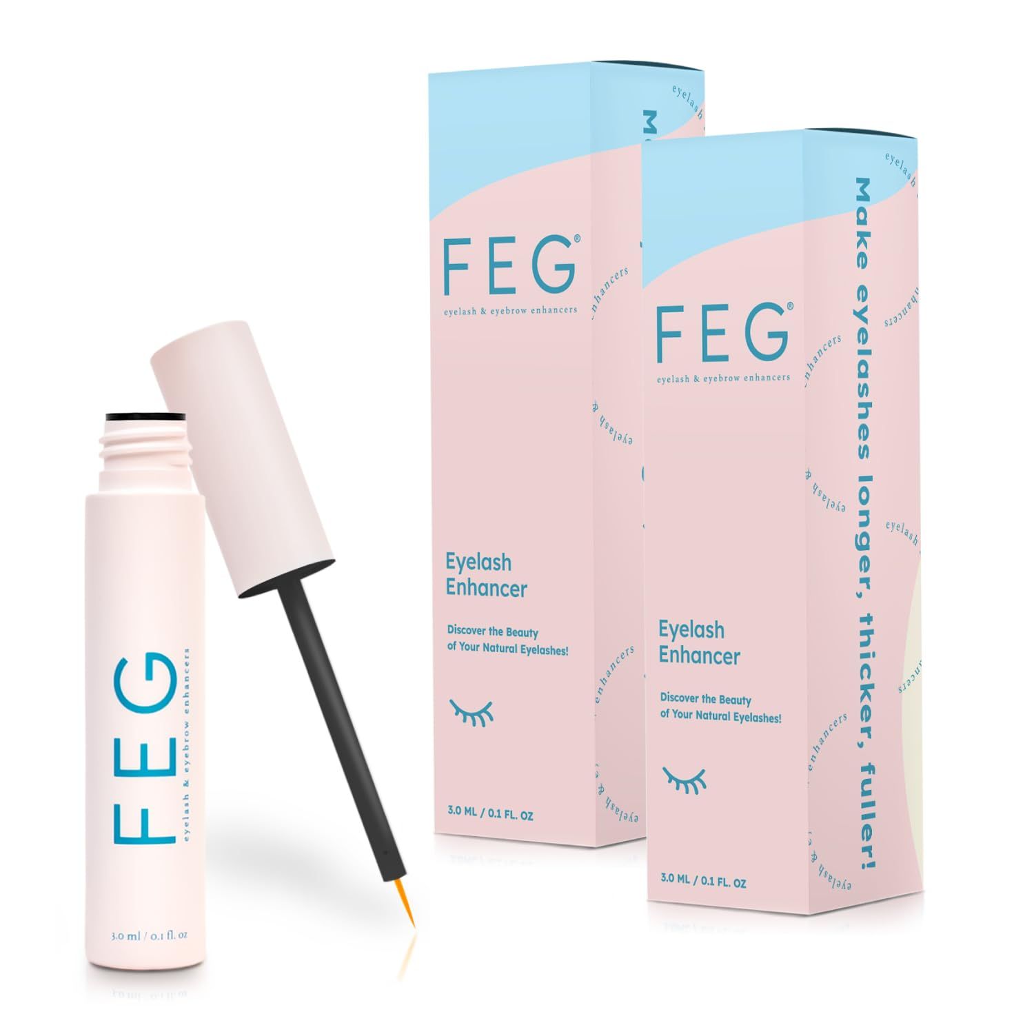 FEG Eyelash Enhancer Rapid Eyelash Growth Serum with Natural Ingredients | Lash Serum for Growing Naturally Thick, Full, and Long Eyelashes | Stimulates Natural Eyelash Growth | 2-Pack of 3ml Tubes