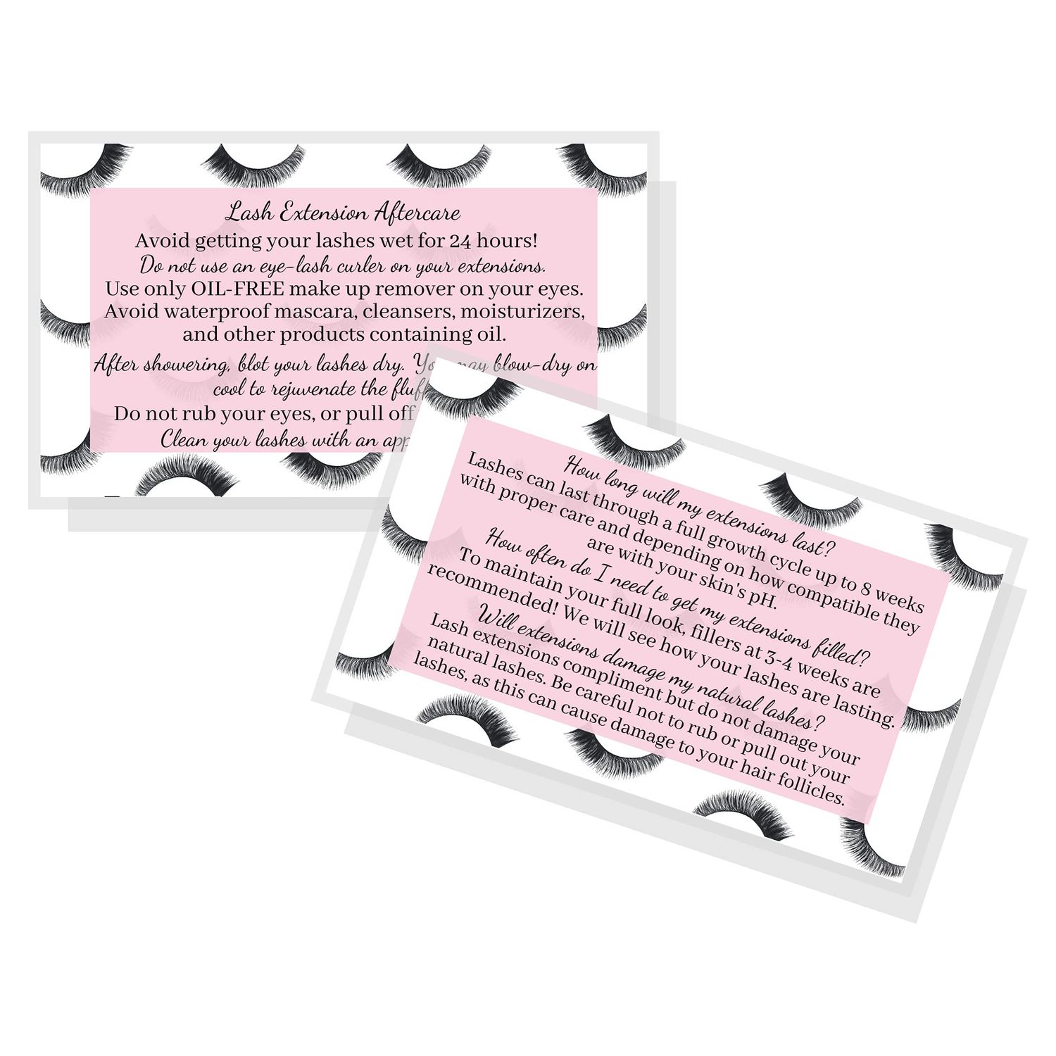 Lash Extension Aftercare Instructions Cards | Package of 50 | Eye Lashes with Pink Inlay Design Double Sided Size 3.5 x 2&quot; inches After Care (3-4 Week Fillers)