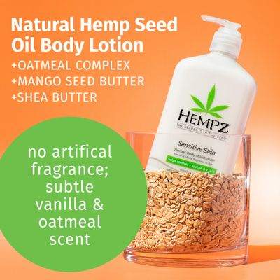Hempz Sensitive Skin Herbal Moisturizer Soothing Lotion with Oatmeal, Shea Butter, Hemp, Cocoa, Mango Seed - 17 Fl Oz