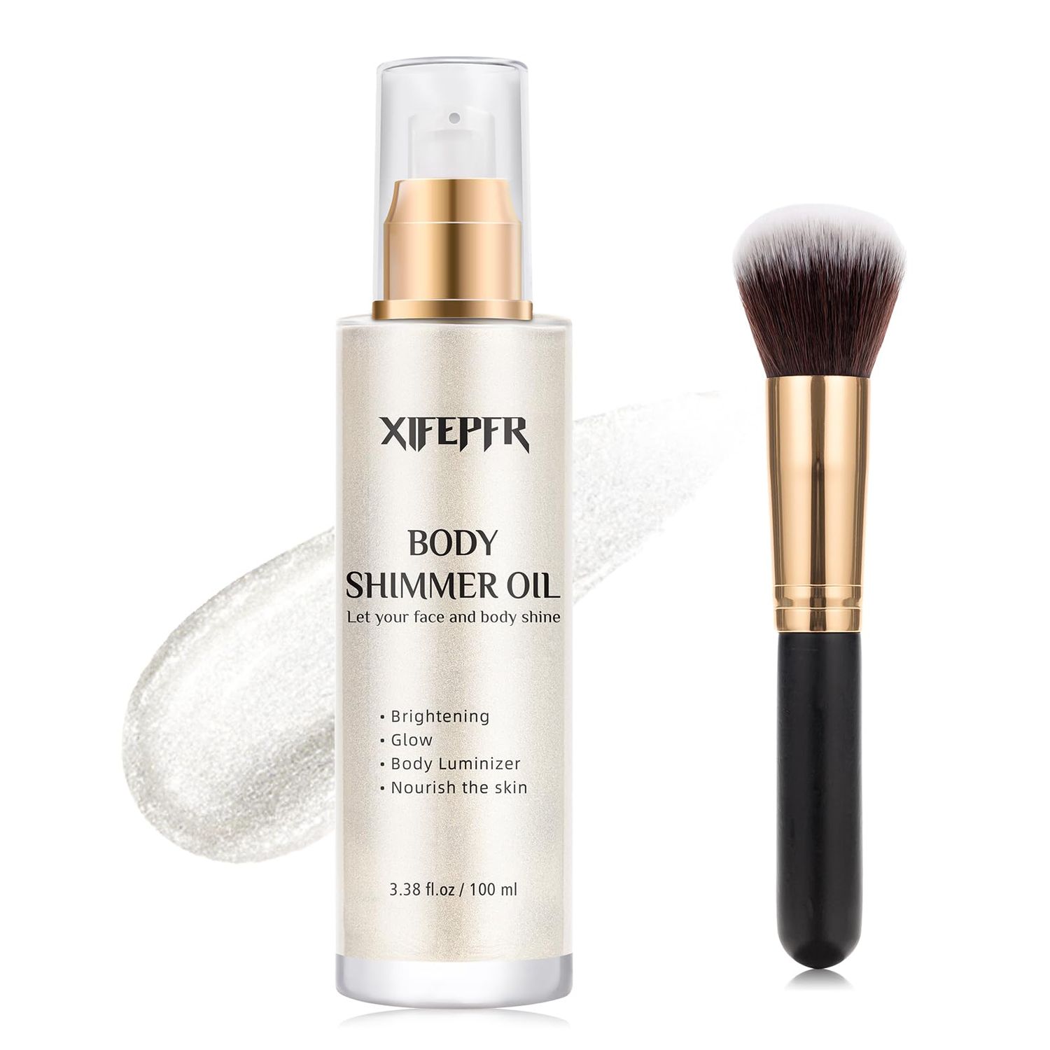 XIFEPFR Body Shimmer Oil, Pearl White Face Brighten Glow Body Luminizer Highlighter Liquid Illuminator with Makeup Brush, Long Lasting Moisturizing Body Glitter Oil for Makeup (3.38 Fl Oz#01)