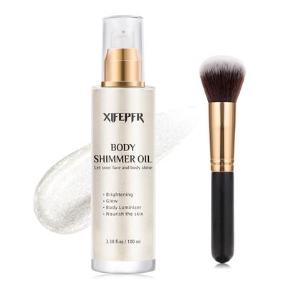 XIFEPFR Body Shimmer Oil, Pearl White Face Brighten Glow Body Luminizer Highlighter Liquid Illuminator with Makeup Brush, Long Lasting Moisturizing Body Glitter Oil for Makeup (3.38 Fl Oz#01)