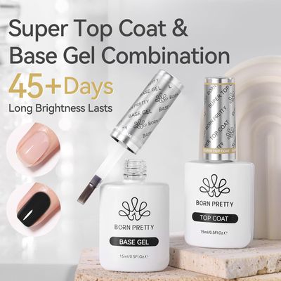 Born Pretty Gel Top Coat,15ml Gloss Base and Top Coat Set, No Wipe Super Top Coat Not Chip or Peel and Long Lasting Base Gel Top Coat for Nail Art