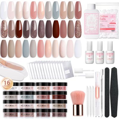 AZUREBEAUTY 130 Pcs Dip Powder Nail Kit,16 Colors Nude Pink Shine Brown Gray Dip Powder Liquid Set with Professional RemoverTopBase CoatActivator for Nails Art Manicure DIY Salon Women