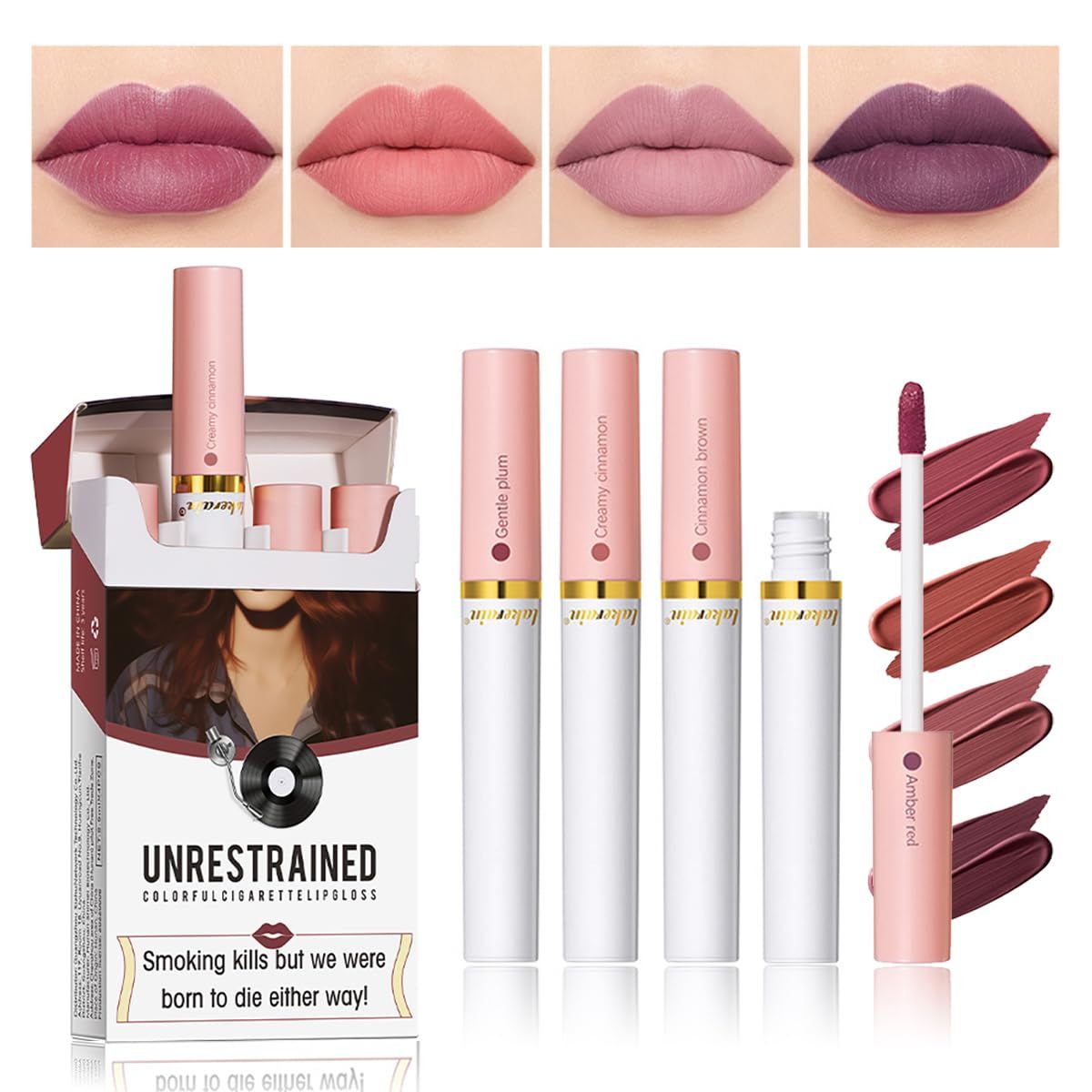 Tiejdhr 4 Colors Matte Lip Gloss, Matte Velvet Lipstick Lip Stain Matte Liquid Lip Gloss Set, Long Lasting 24 Hours Waterproof Ladies Lip Balm Lipstick - Set B