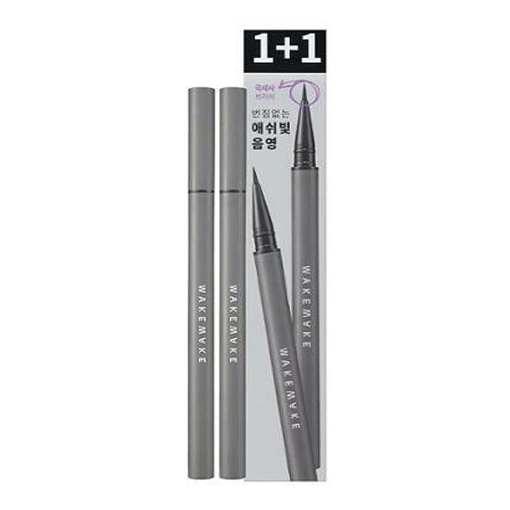 WAKEMAKE Real Ash Brush Eyeliner, Korean Makeup Liquid Eyeliner, Smudge-proof, Ultra-Fine Tip, Long Lasting Waterproof Liquid Eyeliner 0.04 OZ (Pack of 2) (01 ASH BLACK)