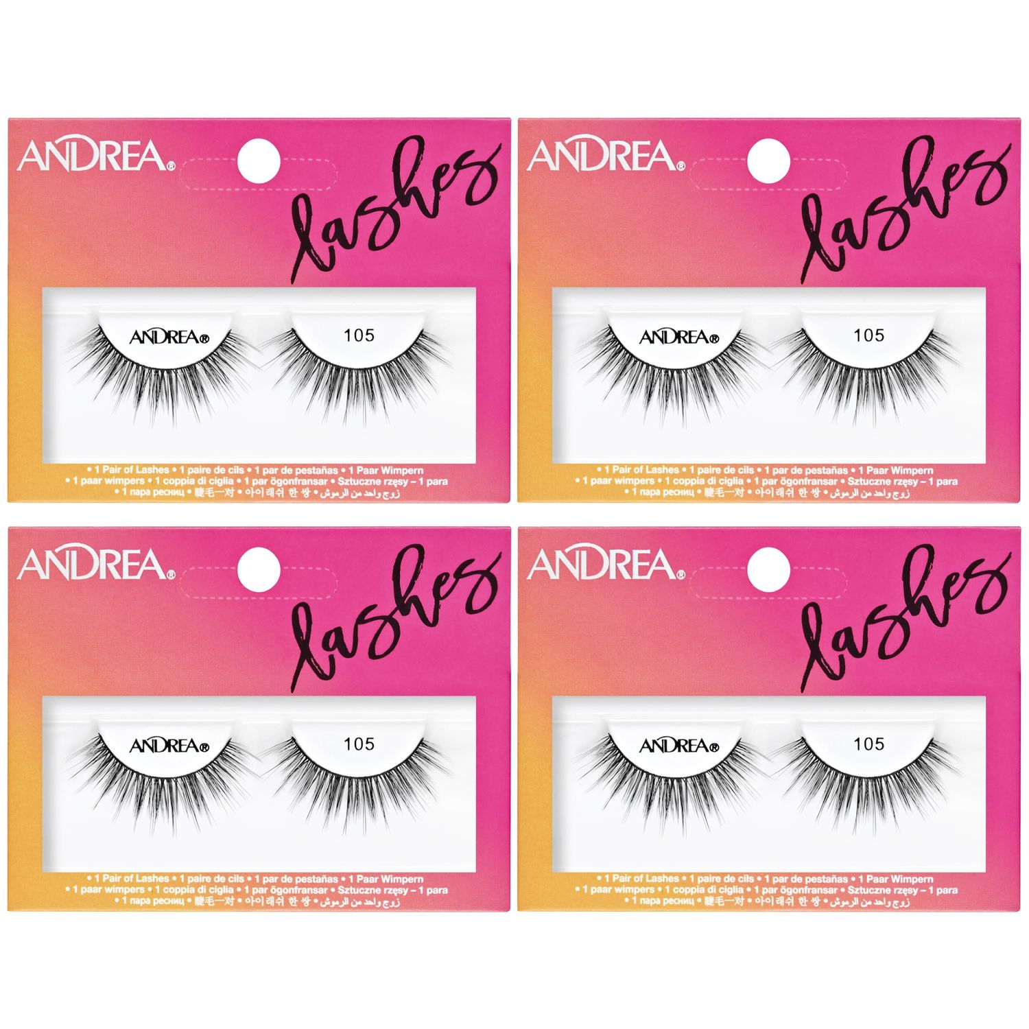 Andrea Strip Lash False Eyelashes Style 105 - Black, Lightweight, Reusable Natural Lashes for Everyday or Glam Looks, 4 Pack
