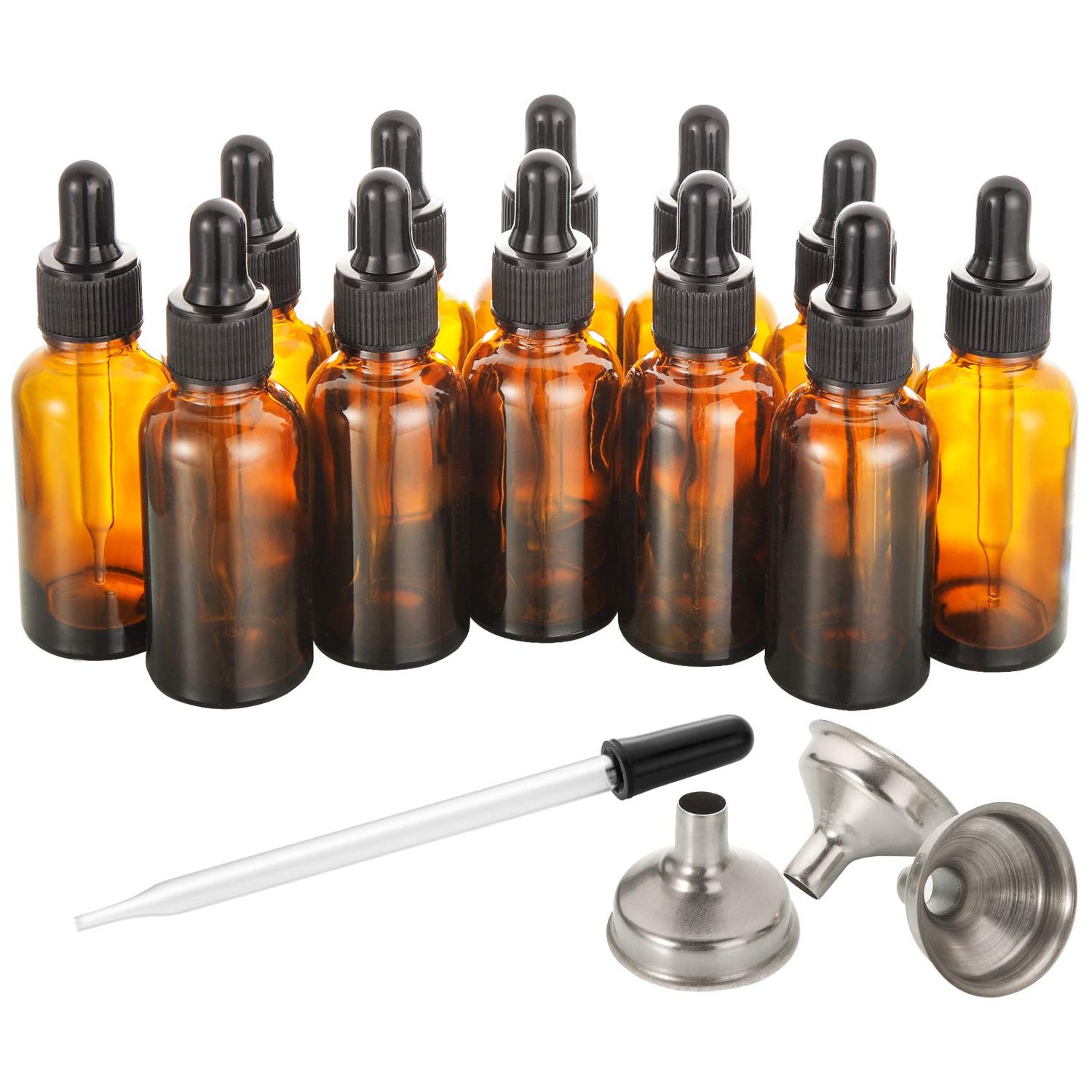 12 pcs, 1 oz Amber Dropper Bottles for Essential Oils w 3 Stainless Steel Funnels &amp; 1 Long Glass Dropper - 30ml Glass Bottles with Eye Droppers - Liquids Tincture Bottles, Leak Proof Travel Bottles