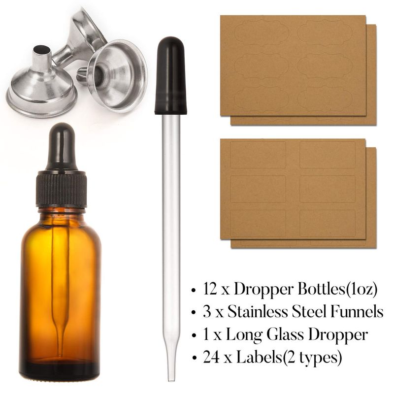 12 pcs, 1 oz Amber Dropper Bottles for Essential Oils w 3 Stainless Steel Funnels &amp; 1 Long Glass Dropper - 30ml Glass Bottles with Eye Droppers - Liquids Tincture Bottles, Leak Proof Travel Bottles