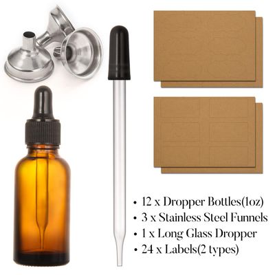 12 pcs, 1 oz Amber Dropper Bottles for Essential Oils w 3 Stainless Steel Funnels &amp; 1 Long Glass Dropper - 30ml Glass Bottles with Eye Droppers - Liquids Tincture Bottles, Leak Proof Travel Bottles