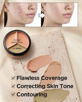 THE SAEM Cover Perfection Triple Pot Concealer - 3 Color Concealer with Clear Beige, Green & Peach Shades - Full Coverage Concealer to Correct & Conceal Redness, Dark Circles, 01 Correct Beige