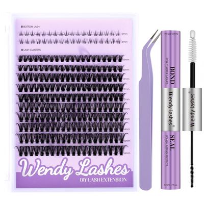 WENDY Lashes Clusters DIY Eyelash Extension Kit - D Curl 50D &amp; Bottom Lashes with Bond and Seal Tweezers Black Cluster Eyelash Extensions Wispy Soft Individual Lashes, Suitable for Beginners, 10-16 MM