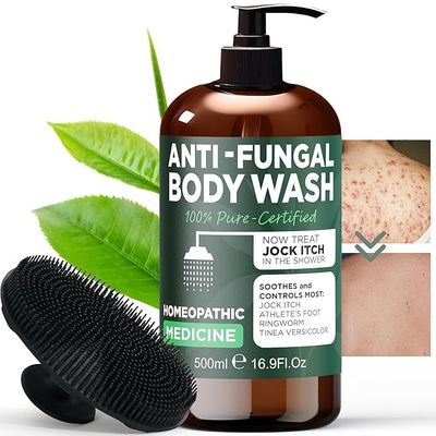 Tea Tree Antifungal Antibacterial Soap &amp; Body Wash | Ringworm, Back Acne, Athlete&#39;s Foot, Tinea Versicolor, Nail Fungus, Eczema &amp; Jock Itch Treatment | With Silicon Body Scrubber (16.9 oz)