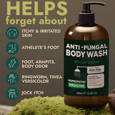 Tea Tree Antifungal Antibacterial Soap & Body Wash | Ringworm, Back Acne, Athlete's Foot, Tinea Versicolor, Nail Fungus, Eczema & Jock Itch Treatment | With Silicon Body Scrubber (16.9 oz)