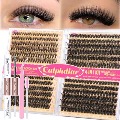 Calphdiar DIY Lash Extension Kit Wispy EyelashExtension Kit D Curl LashClusters Kit 8-16mm 474pcs Lashes Extension Kit with Lash Bond and Seal, Lash Tweezers, Eyelash Brush(406080100D)