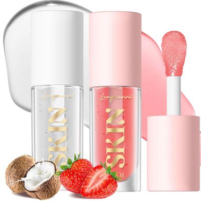 BANGFENG 2Pack Non-sticky Lip Oil, Moisturizing GlossyShiny Lip Gloss Oil PlumpingTint, Hydrating Lip Gloss Lip Balm, Long Lasting Nourishing Fruit Flavoure Lip Oils(Strawberry  Coconut)