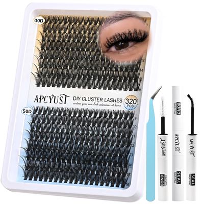 APCYUST Lash Clusters Kit Wispy Lash Extension Kit 320PCS Individual Eyelash Cluster 40D50D Eyelash Extensions Kit DIY Volume Lashes Natural False Mink Lash Clusters Kits with Lash Bond and Tweezers