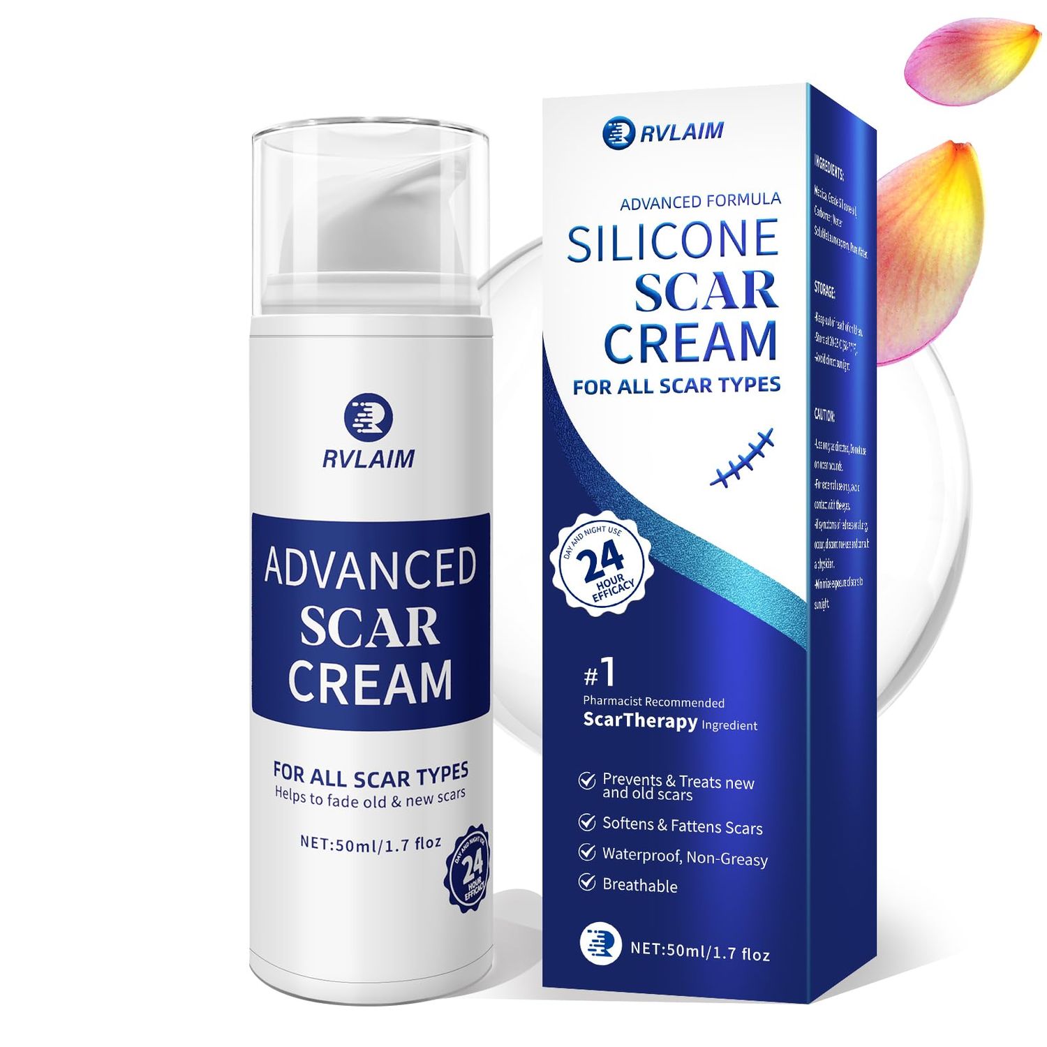Rvlaim Scar Cream Gel, Advanced Silicone Scar Gel, Professional Scar Removal Cream for Surgical Scars, Stretch Mark, Keloid Bump, C-Section, Old and New Scars 1.7 oz(50g)