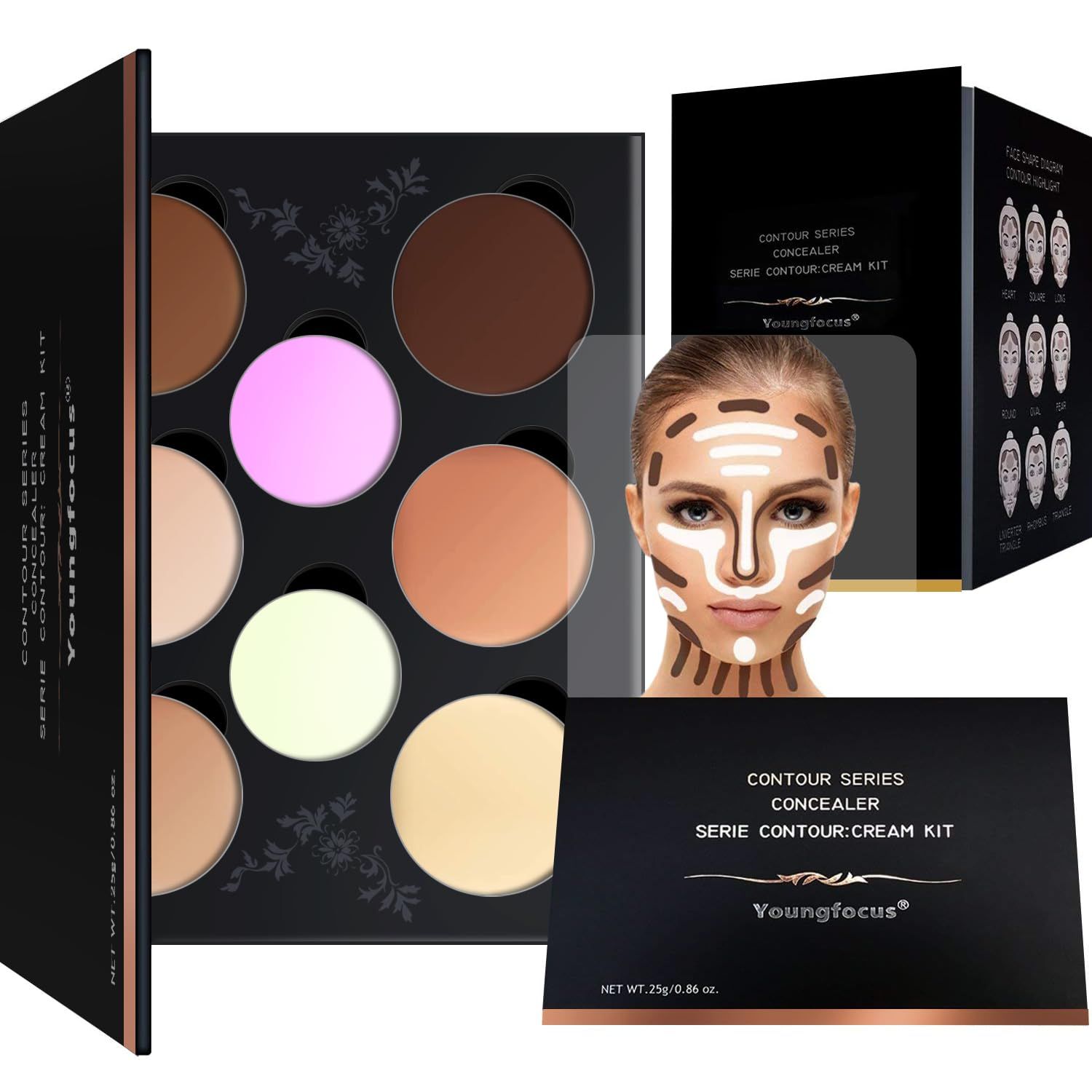 Youngfocus Cosmetics Cream Contour Best 8 Colors and Highlighting Makeup Kit - Contouring FoundationConcealer Palette - Vegan &amp; Cruelty Free - Step-by-Step Instructions Included