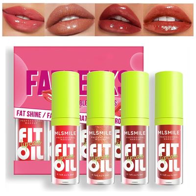 Qawnfy 4 Colors Lip Oil Lip Glaze, Fat Lip Oil Hydrating Lip Glow Oil Big Brush Head Moisturizing Lip Gloss Long Lasting Nourishing Non-sticky Smooth Tinted Plumping Lip Oil (B#)