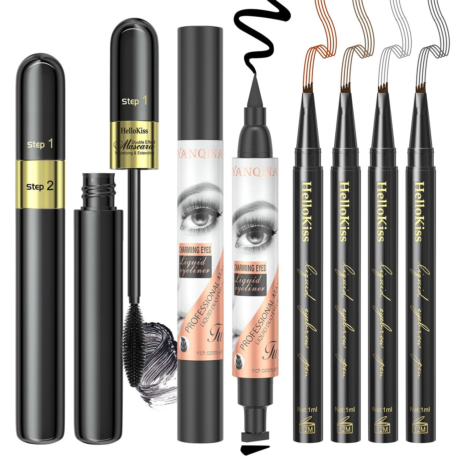 6PCS Double-head Eyeliner Pencil with Eyeliner Stamp,2 in 1 Mascara Volumizing,Lengthening,Liquid Eyebrow Pencils Waterproof Lasting Smudge-Proof Eye Liner Pen for Eye Makeup Tools