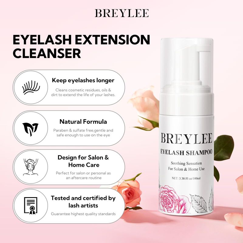BREYLEE 100 ml Lash Shampoo for Lash Extensions, Lash Fan DryerRinse BottleBrushesCotton Puff, Eyelash Extension Cleanser, Lash Bath Wash Soap Foam Cleaner for Salon and Home Use