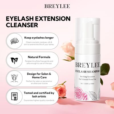 BREYLEE 100 ml Lash Shampoo for Lash Extensions, Lash Fan DryerRinse BottleBrushesCotton Puff, Eyelash Extension Cleanser, Lash Bath Wash Soap Foam Cleaner for Salon and Home Use